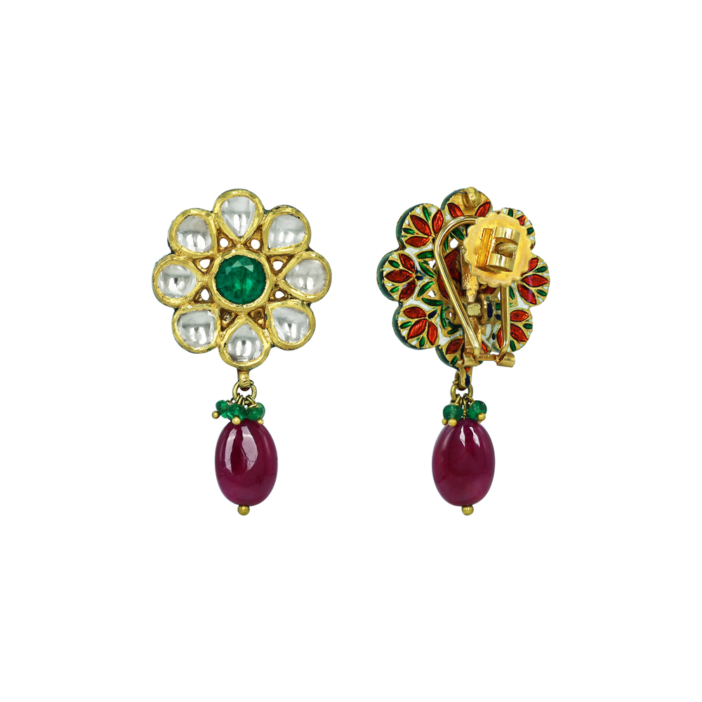 Round Polki Earrings with Emerald Center and Ruby Drops